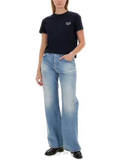 Apc Logo-embroidered Cotton T-shirt In Blue