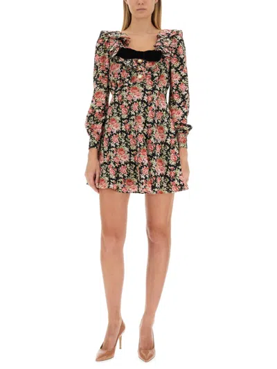 Alessandra Rich Rose Print Mini Silk Dress In Black