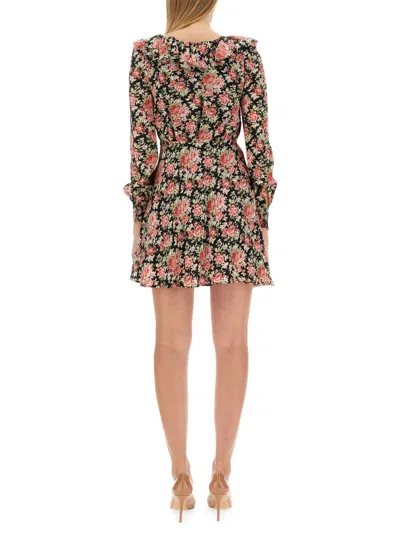 Alessandra Rich Rose Print Mini Silk Dress In Black