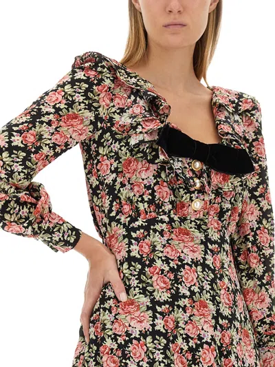 Alessandra Rich Rose Print Mini Silk Dress In Black