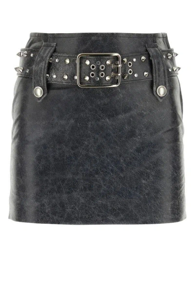 Alessandra Rich Leather Mini Skirt With Belt And Appliques In Gray