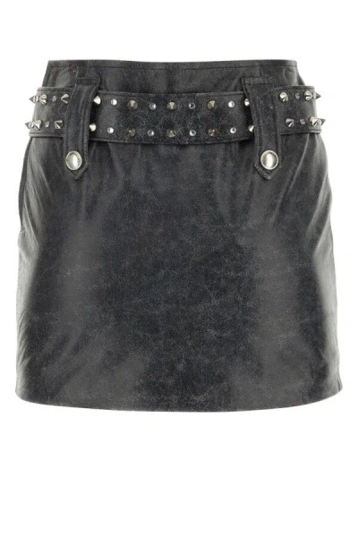 Alessandra Rich Leather Mini Skirt With Belt And Appliques In Gray