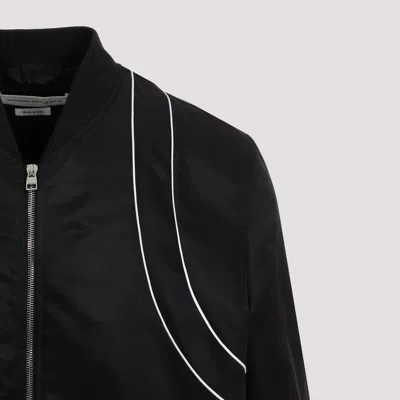 Alexander Mcqueen Solid Color Nylon Bomber Jacket With Contrasting Details In Black