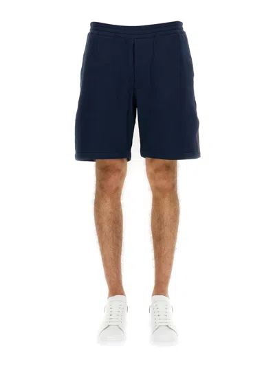 Alexander Mcqueen Men Bermuda Shorts With Selvedge Logo Band In Blue