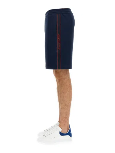 Alexander Mcqueen Men Bermuda Shorts With Selvedge Logo Band In Blue