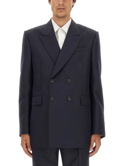 Alexander Mcqueen Double-breasted Tailored Jacket Structured Shoulders In Blue