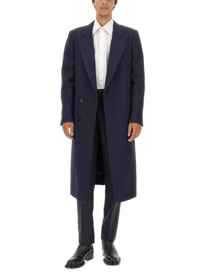 Alexander Mcqueen Tailored Wool Coat With Back Slit In Blue