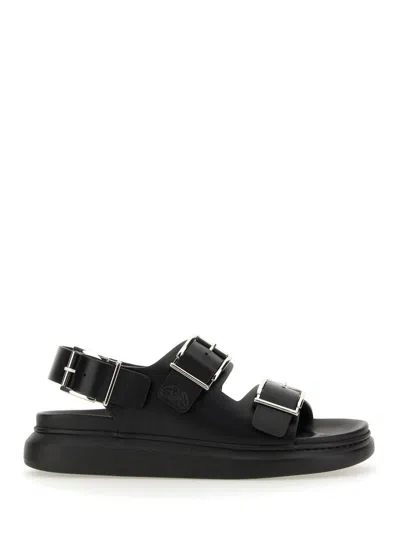 Alexander Mcqueen Black Slide Sandals With Embossed Logo In Leather Man In Black