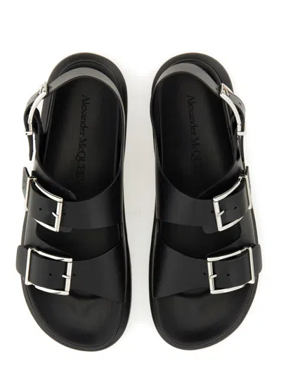 Alexander Mcqueen Black Slide Sandals With Embossed Logo In Leather Man In Black