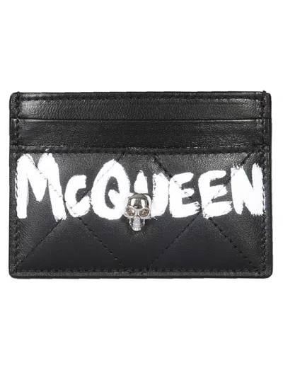 Alexander Mcqueen Quilted Leather Card Holder With Printed Logo In Black