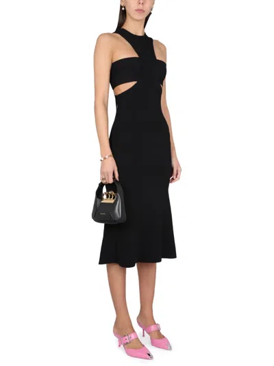 Alexander Mcqueen Black Slashed Harness Midi Dress In Black