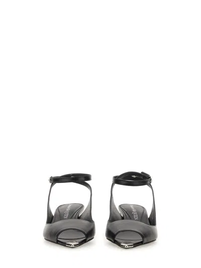 Alexander Mcqueen Black Leather Sandals With Kitten Heel In Black