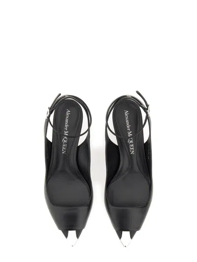 Alexander Mcqueen Black Leather Sandals With Kitten Heel In Black