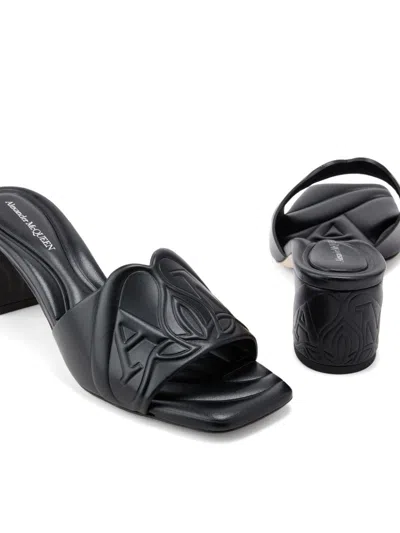 Alexander Mcqueen Black Slip-on Sandals With Embossed Logo In Padded Leather Woman In Multicolor