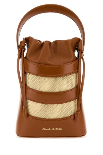 Alexander Mcqueen Women Two-tone Leather And Raffia Mini The Rise Bucket Bag In Multicolor