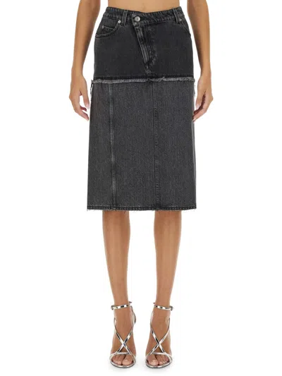 Alexander Mcqueen Mcqueen Two-tone Low Rise Denim Midi Skirt In Black