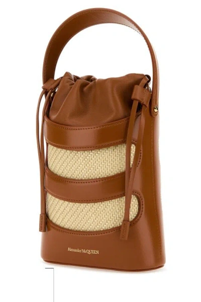 Alexander Mcqueen Women Two-tone Leather And Raffia Mini The Rise Bucket Bag In Multicolor