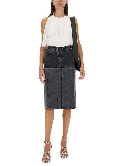 Alexander Mcqueen Mcqueen Two-tone Low Rise Denim Midi Skirt In Black
