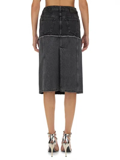 Alexander Mcqueen Mcqueen Two-tone Low Rise Denim Midi Skirt In Black