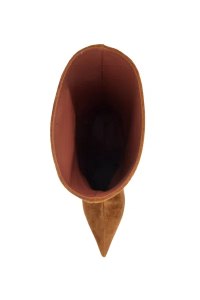 Amina Muaddi 60mm Fiona Pointed-toe Suede Boots In Brown