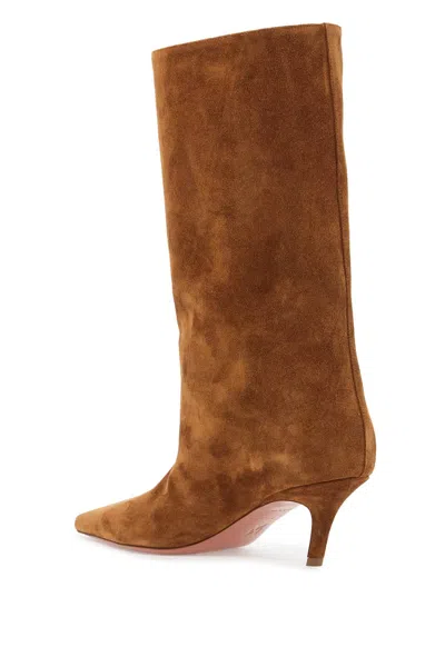 Amina Muaddi 60mm Fiona Pointed-toe Suede Boots In Brown
