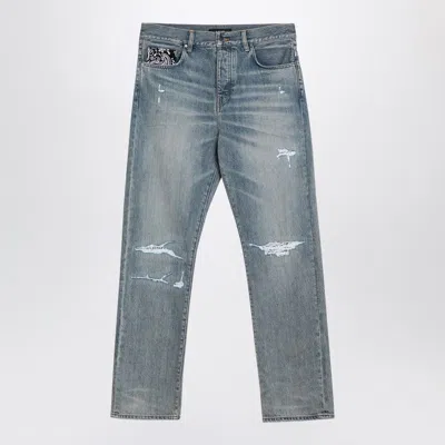 Amiri Light Blue Jeans With Rips And Bandana Detail In Denim Man In Blue
