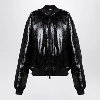 BALENCIAGA BALENCIAGA BLACK LEATHER OSTRICH-EFFECT BOMBER JACKET WOMEN 
