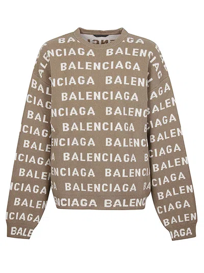 Shop Balenciaga Men Allover Logo Crewneck Sweater In Multicolor