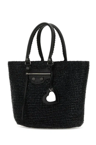 Balenciaga Large Structured Raffia Shopping Bag In Black