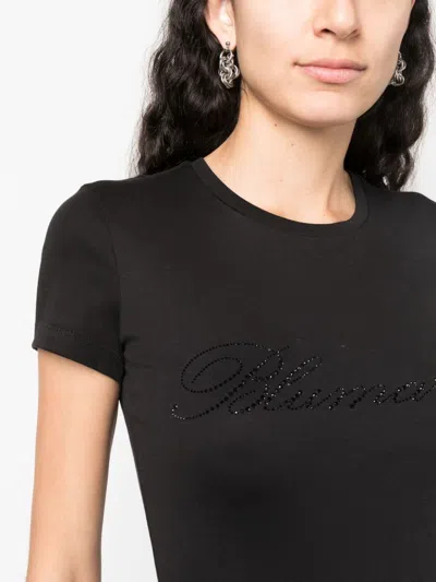 Blumarine Tulle T-shirt With Rhinestone Logo In Multicolor