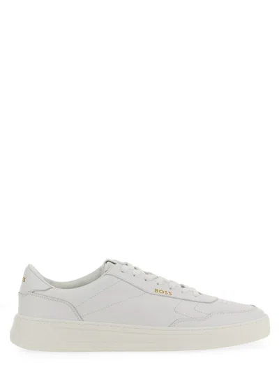 Hugo Boss Gary Tenn Mens Leather Low-top Trainers With Branded Lace Loop Nos In White