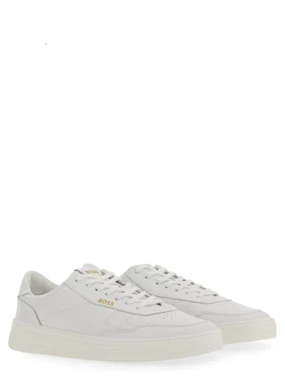 Hugo Boss Gary Tenn Mens Leather Low-top Trainers With Branded Lace Loop Nos In White