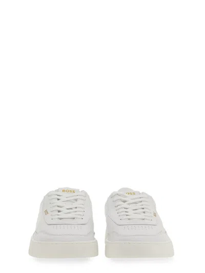 Hugo Boss Gary Tenn Mens Leather Low-top Trainers With Branded Lace Loop Nos In White