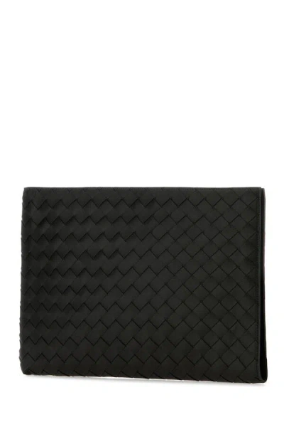 Bottega Veneta Men Leather Clutch With Intrecciato Motif In Black