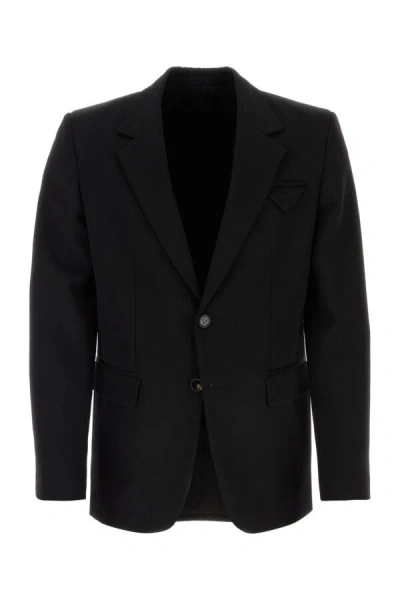 Bottega Veneta Wool Blazer With Padded Shoulders And Flap Pockets In Black