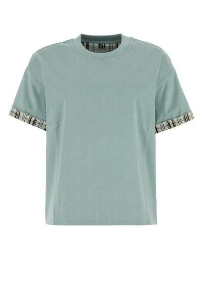 Bottega Veneta Cotton T-shirt With Checked Trim And Foldable Cuffs In Blue