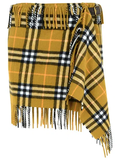 Burberry 'check' Light Green Wool Blend Miniskirt Women In Green