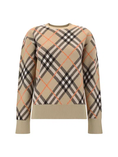 Burberry Beige Crewneck Sweater With Check Motif In Wool And Mohair Woman In Multicolor