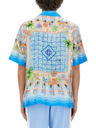 Casablanca Light Blue Bowling Shirt With All-over Graphic Print In Silk Man In Multicolor