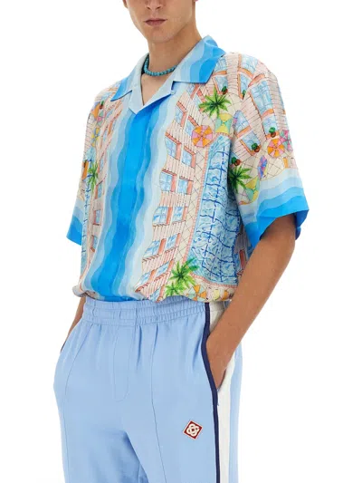 Casablanca Light Blue Bowling Shirt With All-over Graphic Print In Silk Man In Multicolor