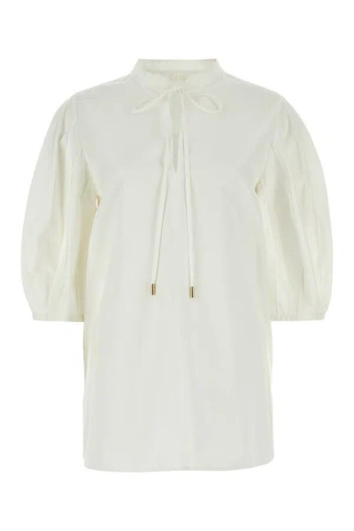 Chloé Cotton Keyhole Puff Sleeve Tie Neck Top In White
