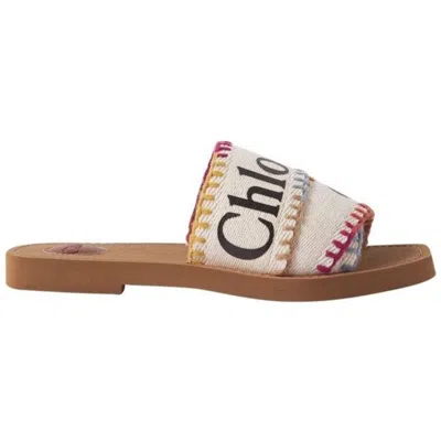 Chloé Chloe Women White Woody Embroidered Logo-print Canvas Slides Sandals In Multi