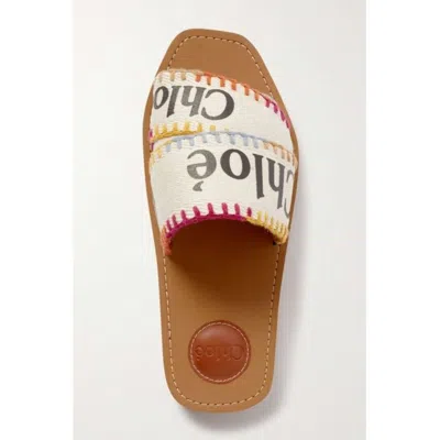 Chloé Chloe Women White Woody Embroidered Logo-print Canvas Slides Sandals In Multi