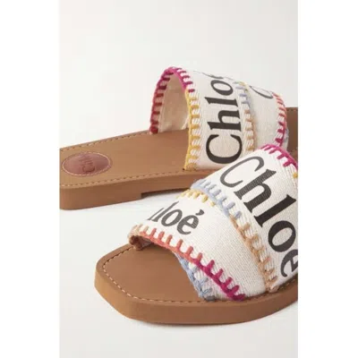 Chloé Chloe Women White Woody Embroidered Logo-print Canvas Slides Sandals In Multi