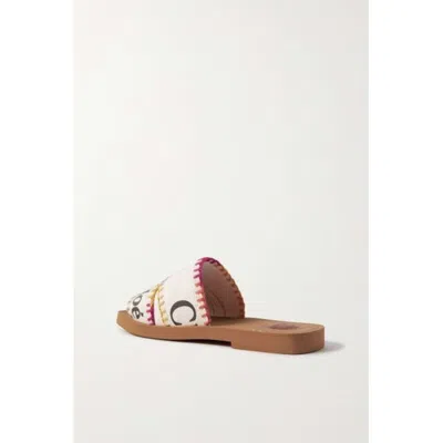 Chloé Chloe Women White Woody Embroidered Logo-print Canvas Slides Sandals In Multi