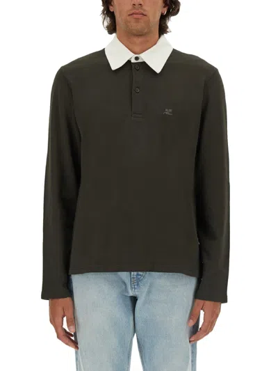 Courrèges Long-sleeved Cotton Polo With Contrasting Collar In Brown