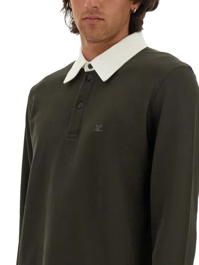 Courrèges Long-sleeved Cotton Polo With Contrasting Collar In Brown