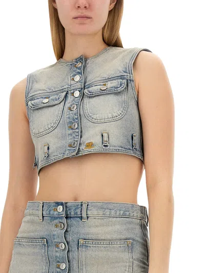 Courrèges Fitted Cropped Top With Button-down Front And Chest Pockets In Blue