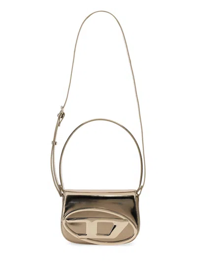 Diesel Metallic Finish Shoulder Bag With Distinctive Oval Logo In Gold