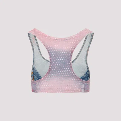Diesel De-toppy-fsd Denim Cropped Top With Rhinestones In Multicolor